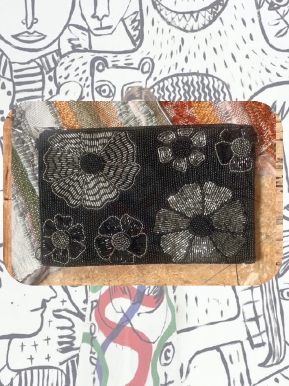 🎉Ricki Designs Black & Silver Floral Embroidered Beaded Cross Body Clutch